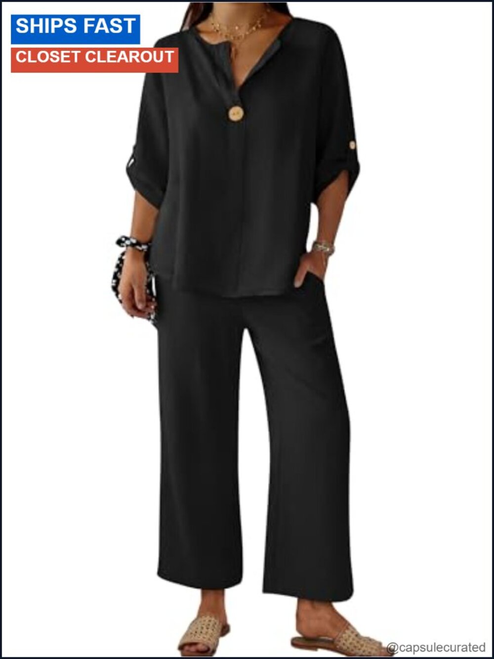 Women 2 Piece Lounge Set 3/4 Sleeve V Neck Wide Leg Palazzo Pants Travel